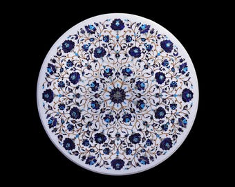 White Marble Table Top – 24&quot; Round Inlay Floral Art, Blue Stone Pietra Dura, Handmade Coffee Table, Home Decor, Wedding Gift