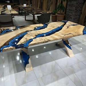 Epoxy Coffee Dining Table – Ocean Blue River Table in Light Wood – Live Edge Resin Art – Modern Handmade Luxury Custom Furniture
