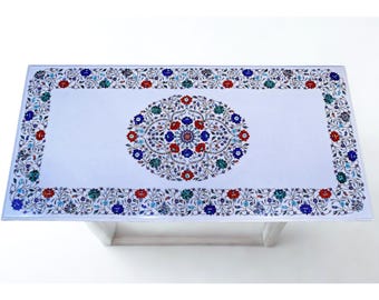 Dining Inlay Table Top White Marble Rectangle 60x30 Inch | Handmade Floral Stone Inlay Table for Home, Weddings & Luxury Décor