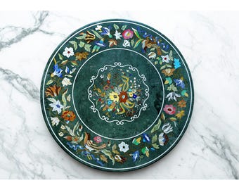 Green Marble Dining Table – Floral Inlay Art, 36&quot; Round Handmade Tabletop, Luxury Home Decor, Custom Dining Gift, Pietra Dura India
