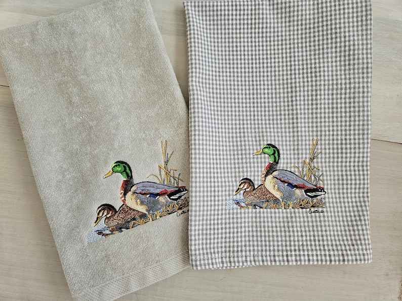 Embroidered Mallard Duck Pair Towel: Hunting Kitchen or Bathroom Decor Accent