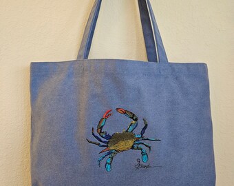Embroidered Crab Canvas Tote Bag - Coastal Beach & Nautical Shopping Bag for Vacation, Boating, or Everyday Use