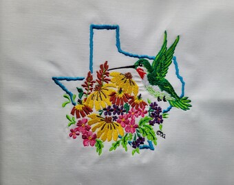 Wildflower & Hummingbird Texas towel. Machine embroidered, Handmade. Birthday Gift, Mother's Day Gift, Kitchen accent towel, Texas Towel.