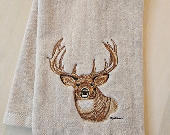 Detailed Buck Head Towel. Unique gift. Birthday. Hunting towel. Hunting decor, Deer towel, wildlife towel, hunting lodge, accent/hand towel.