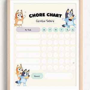 May include: A framed chore chart featuring cartoon characters. The chart has spaces for tasks and a reward section. The text "CHORE CHART" is displayed prominently, with the name "Caroline Sellers" below it.