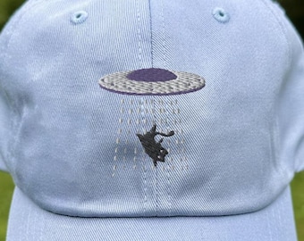 Embroidered Alien Abduction Baseball Cap | Cute UFO Hat | Cat Lovers Gifts | Kitten Artwork Merchandise