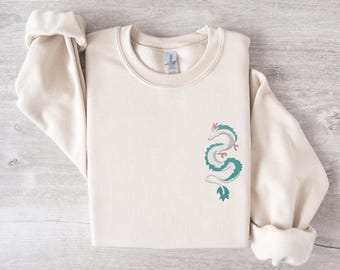 Embroidered Anime White Dragon Long Sleeve Shirt | Embroidery River Spirit Sweater | Japanese Anime Gifts | Crewneck Otaku Sweatshirt