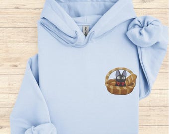 Broderad kawaii animekatt-tröja | Broderatröja med svart katt | Gåvor för animeälskare | Tröja utan huva för katt med leveransservice