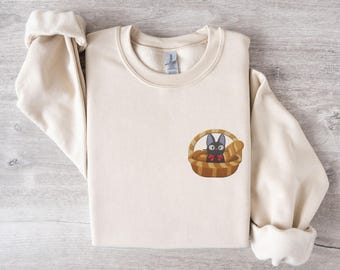 Broderad långärmad tröja för animekatt | Broderad animetröja | Gåvor för animeälskare | Hoodless tröja för svart katt