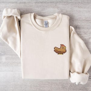 Embroidered Brown Chicken Long Sleeve Shirt | Video game Embroidery Sweater | Gamer Gift Ideas | Farming Hoodless Sweatshirt