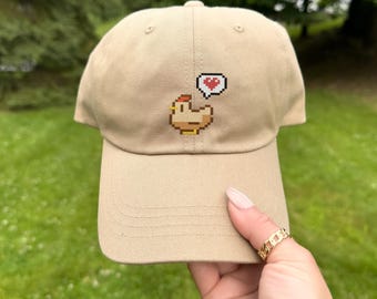 Embroidered White Chicken Cap | Cute Video game Dad Hat | Gamer Gift Ideas | Farming Baseball Hat