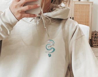 Embroidered Anime White Dragon Hoodie | Simple Otaku Embroidery Sweater | Cute Anime Artwork Gifts | Japanese River Spirit Sweatshirt