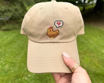 Embroidered Brown Chicken Cap | Cute Video game Dad Hat | Gamer Gift Ideas | Farming Baseball Hat