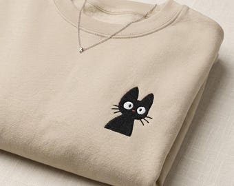 Embroidered Jiji Crewneck Sweater | Studio Ghibli Inspired Artwork Clothing