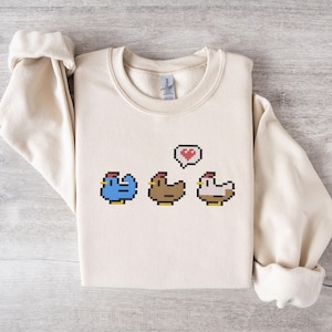 Embroidered Chickens Long Sleeve Shirt | Video game Embroidery Sweater | Gamer Gift Ideas | Farming Sim Hoodless Sweatshirt