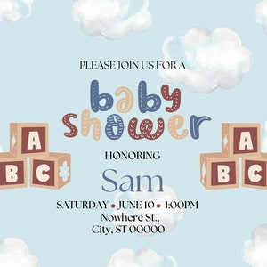 Editable Baby Shower Invitation, Baby Shower Invitation Template, Boy, Blue