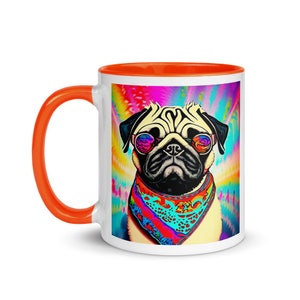 Cool Hippie Pug Mugs Tie Dye Far Out Groovy Peace Pugs Dog Lovers Mug with Color Inside