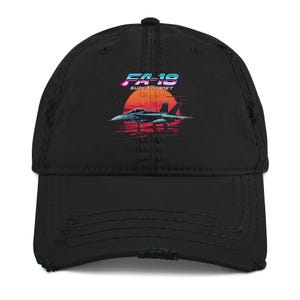 Ilustración del F/A-18 Super Hornet al atardecer: ilustración retro de un avión de combate para aficionados a la aviación y la marina. Gorra desgastada.
