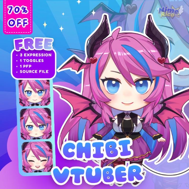 May include: A digital illustration of a chibi VTuber character with pink hair, blue highlights, and large blue eyes. The character has bat wings and horns. The image includes text that says "CHIBI VTUBER", "70% OFF", and "FREE".