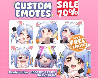 May include: A set of 6 custom animated emotes featuring a blue-haired character with bunny ears. The emotes are in various poses and expressions. The text "CUSTOM EMOTES" and "SALE 70%" is at the top of the image. The text "Ready to Use - 1000 PX, 112 PX, 56 PX, 28 PX" is at the bottom of the image. The text "buy 9 FREE 2 EMOTES *TnC Apply" is in the center of the image.