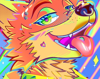 May include: A vibrant digital illustration of a cartoon fox with orange fur, green eyes, and a pink tongue. The fox is smiling, with a heart-shaped detail on its cheek. The background is a mix of blue, yellow, and green with star and diamond accents.
