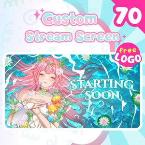 May include: A custom stream screen design featuring a serene anime-style character with pink hair and floral accents. The screen includes the text "Starting Soon" and a "free LOGO" offer, all set against a teal and blue aquatic background.