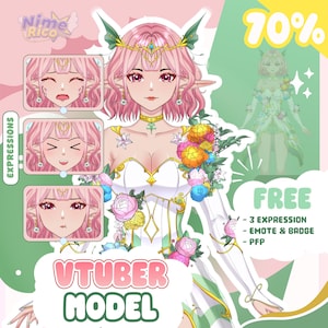 May include: A digital illustration of a pink-haired elf character with pointed ears, wearing a white dress adorned with colorful flowers. The graphic includes three facial expressions, the text Nime Rico, VTUBER MODEL, and 70% FREE.