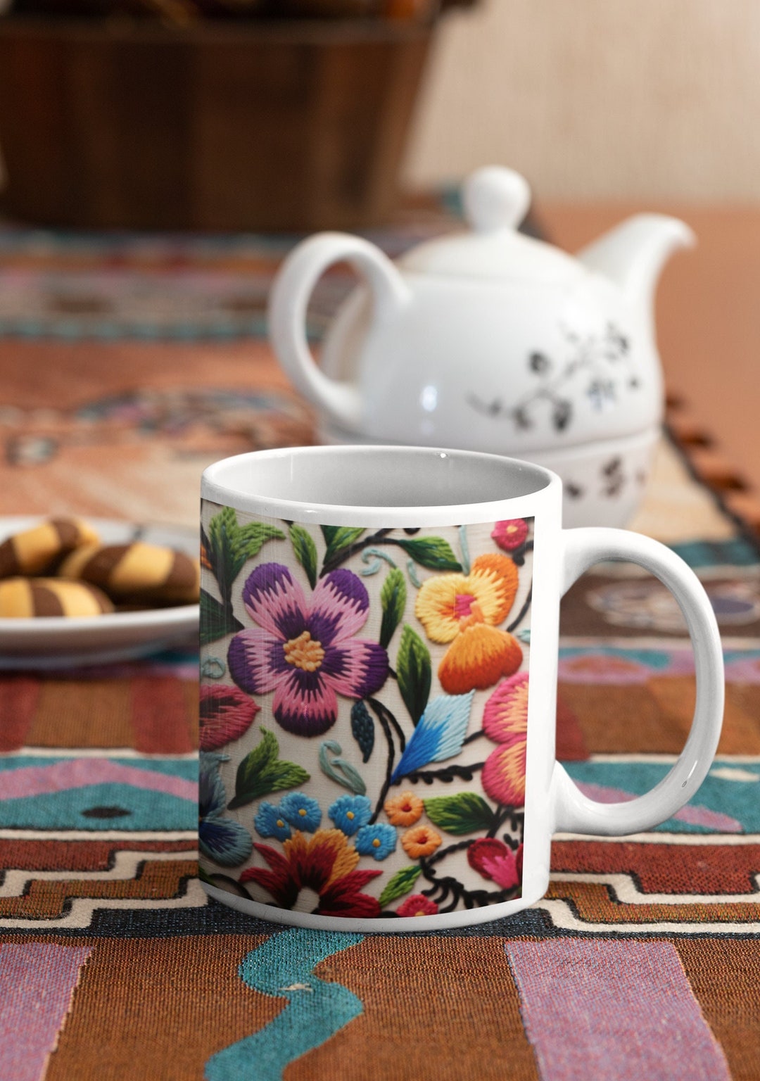 Floral Needlepoint Mug Floral Embroidery Design Mug Gift Idea Etsy