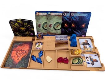 May include: A brown wooden game organizer with compartments for cards, tokens, and dice. The organizer has a raised section for a monster card with the text "Fear" on it. The organizer is designed for a fantasy board game.