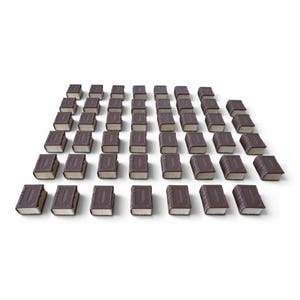 May include: A collection of miniature book-shaped objects arranged in a grid pattern. Each book has a dark brown cover with embossed details and a light-colored page section. The objects are set against a plain white background.