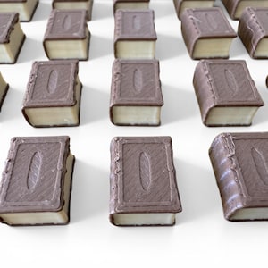 May include: Rows of chocolate candies shaped like miniature books. Each candy has a light-colored filling and a dark brown chocolate exterior, with a detailed book cover design. The candies are arranged on a white surface.