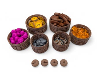 May include: A collection of small, brown woven baskets filled with various game pieces. The pieces include purple spheres, yellow tokens with numbers, brown wooden blocks, gray stones, and amber-colored gems. Four brown wooden tokens are also present.