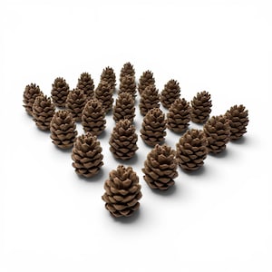 May include: A collection of brown pine cones arranged on a white surface. The pine cones are various sizes and shapes, with detailed textures. The image is well-lit, highlighting the natural details of the cones. The overall theme is nature and rustic decor.