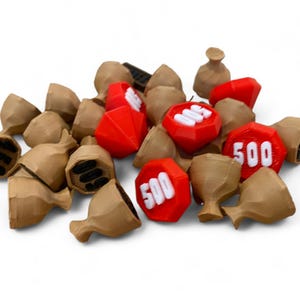 May include: A collection of brown paper-like pouches and red, geometric shapes. Some red shapes have the number "500" in white. The pouches have a textured appearance, and some have a dark interior.