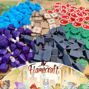 May include: A selection of colourful game pieces, including blue faceted gems, tan bread slices, red steak shapes, and green leaf-like tokens. Also, purple potion bottles and grey building blocks are visible. The game title "Flamecraft" is displayed at the bottom.