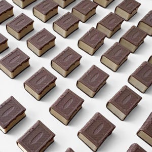May include: A repeating pattern of miniature chocolate book-shaped candies. Each candy has a dark brown chocolate cover with a textured design and a lighter brown, rectangular base. The edges are lined with a darker chocolate.
