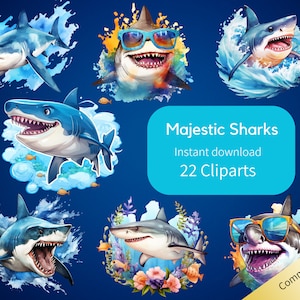 Majestic Sharks, 22 clipart, occhiali da sole vibranti, occhiali da sole, famiglia del sole, nuoto, diversi, colorati, fondali, oceano, schizzi di colore, bolle giocose