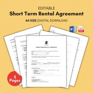 Short Term Rental Agreement, Rental Contract, Agreement Form, Legal Rental Agreement, Vacation Rental, Contract Template, Editable Form