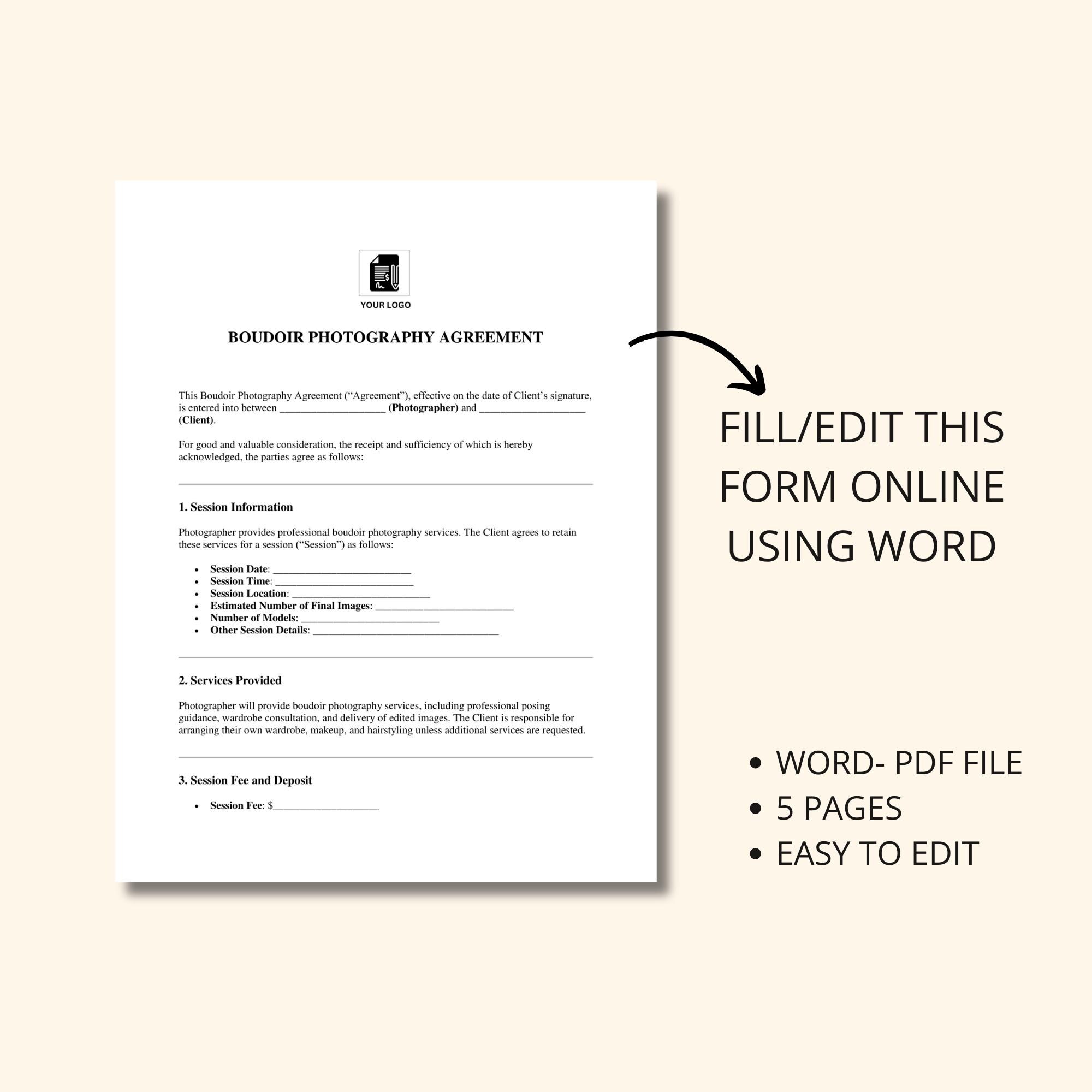 Boudoir Photography Contract, Photography Agreement, Legal Form ...