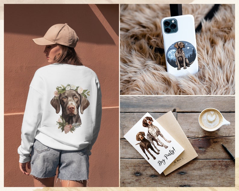 May include: A white sweatshirt with a brown and white dog wearing a flower crown printed on the front. The dog is a German Shorthaired Pointer. The sweatshirt is shown on a model wearing a brown baseball cap and denim shorts. The image also shows a phone case with the same dog design, a greeting card with the text "Dog Party!" and a cup of coffee.