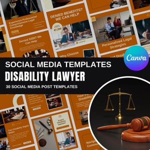 May include: A promotional image for social media templates for disability lawyers. The image features a collection of templates with text such as "Denied Benefits? We Can Help" and "Personalized Legal Strategies". The Canva logo is visible.