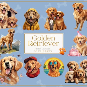 Golden Bliss: PNG クリップアート パック - 愛らしい子犬を含む、ゴールデン レトリバーの楽しいポーズ 56 種類以上!