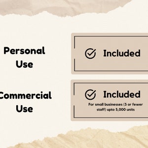 May include: A graphic showing the terms of use for a product. The graphic shows two checkboxes with the word "Included" next to them. The first checkbox is for personal use and the second checkbox is for commercial use for small businesses with 3 or fewer staff and up to 5,000 units.