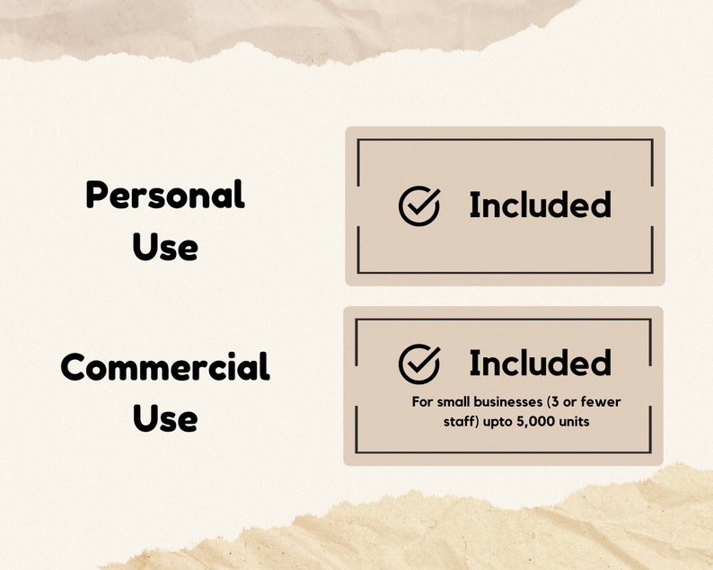 May include: A graphic showing the terms of use for a product. The graphic shows two checkboxes with the word "Included" next to them. The first checkbox is for personal use and the second checkbox is for commercial use for small businesses with 3 or fewer staff and up to 5,000 units.