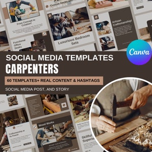 May include: A collection of social media templates for carpenters. The templates feature images of woodworking tools, finished projects, and text overlays. The text includes phrases like "From Concept to Creation!" and "Skillful Superior".