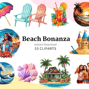 53 Strand-clipart | Tropische zee-, zand- en zonafbeeldingen voor uitnodigingen, reisverslagen, vakantieblogs, posts op sociale media en doe-het-zelf-projecten
