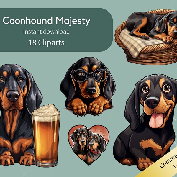 Black and Tan Bluetick Coonhound Clipart Bundle High Quality Vibrant JPGs, Printable Planner Crafting, Commercial Use Included, Digital file