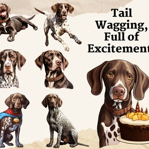 May include: A brown and white German Shorthaired Pointer dog with a happy expression. The dog is wearing a brown leather collar and is surrounded by a light brown background. The text "Tail Wagging, Full of Excitement!" is written in black text on a white background.