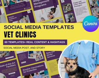 Vet Clinic Veterinary 60 Social Media Templates 30 Post 30 Social Media Story Templates Canva Templates Editable Designs Ready to Use Posts