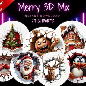3D vrolijk kerstfeest 27 cliparts Speelse pinguïns Peperkoekhuisjes 3D Kerstman Gingle Bells 3D Snoepstokken Kaars Rendierenslee 3D Wensen